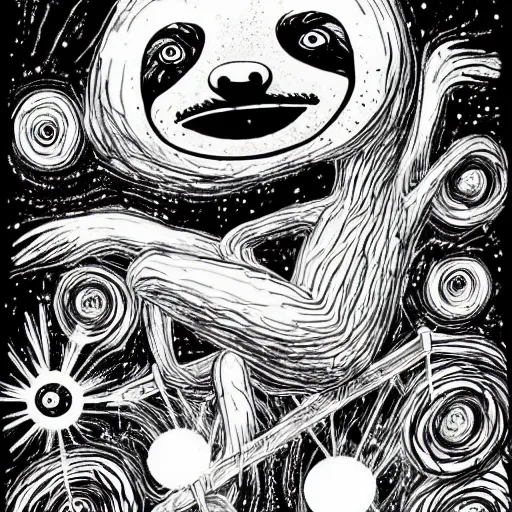 Image similar to black and white trippy comic art of a sloth riding a merry go round, lots of particles, drawn by Martin Rowson, Tim Burton, Studio Ghibli, Alex Pardee, Nekro Petros Afshar, James McDermott, cgsociety 4K