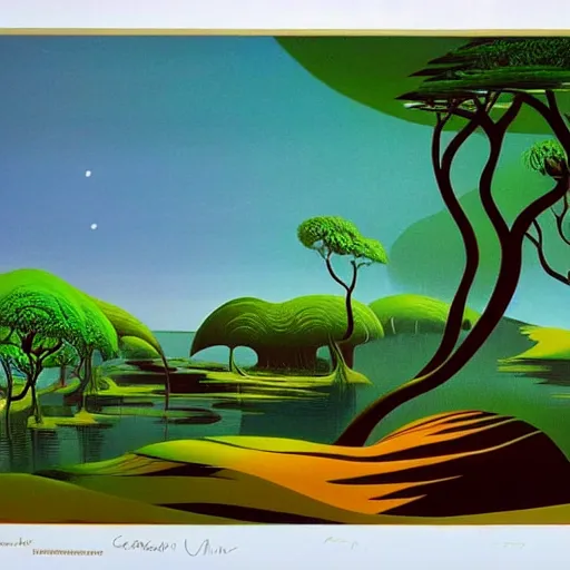 Image similar to painting of a lush natural scene on an alien planet by eyvind earle. magical realism. very detailed. beautiful landscape. weird vegetation. cliffs and water.