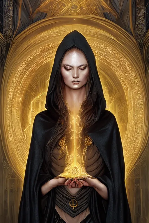 Prompt: a sorceress wearing a black robe with gold embroidery, casting a spell, in a mysterious inner sanctum, painted by artgerm and tom bagshaw, in the style of magic the gathering, highly detailed digital art