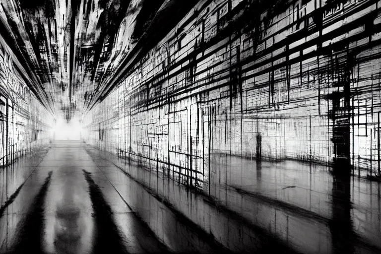 Image similar to the inside of a symmetrical hellish dungeon, multilayer glitch effect in spatial perceptron synapses, matte painting, 4 k, epic composition, volumetric light, abstract illusionism, by robert rauschenberg, konstantinas ciurlionis, jean - michel basquiat, pour paint, modern street art, grunge wall, industrial