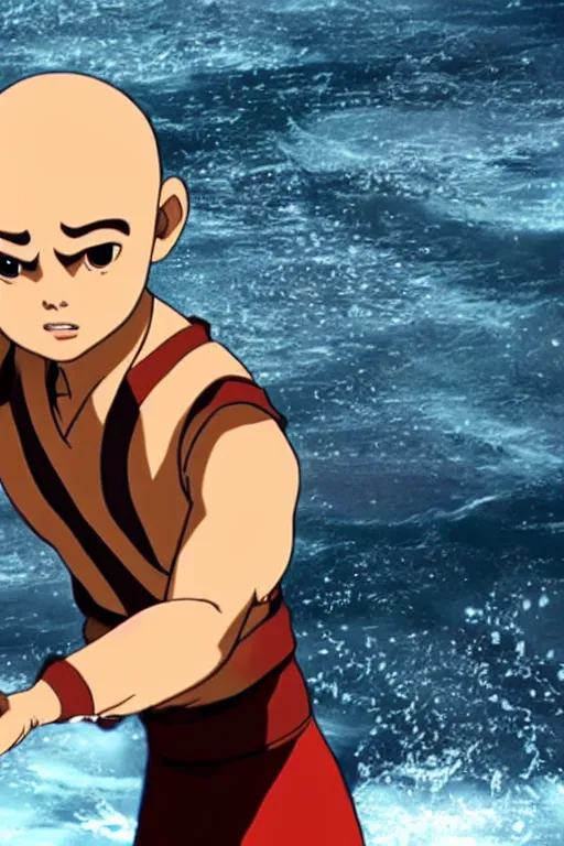 Image similar to close up still shot of aang learning to water bend in a river, from the live action movie the last airbender, 3 5 mm, highly detailed, dynamic lighting