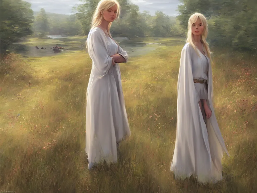 Image similar to blonde female jedi, Swedish countryside, landscape view, archipelago, painting by Vladimir Volegov, wlop, artstation