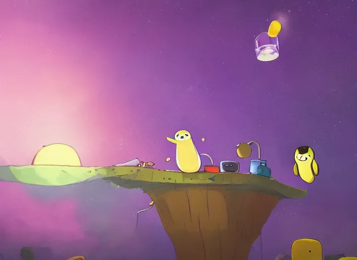 Image similar to a realistic photograph of Beemo from adventure time playing with a penguin, photorealistic, photograph, in a treehouse purple sky