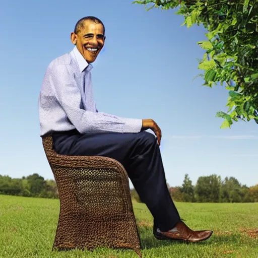 Image similar to obama on a chair standing on a peach tree