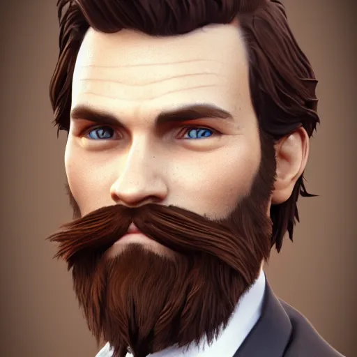 Image similar to a highly detailed portrait of a man, with a brown short beard and hair, blue eyes, wearing a tuxedo, artstation, deviantart, professional, unreal engine 5, photorealistic