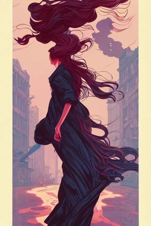 Image similar to concept art design illustration, teen girl walking away alone street flowing hair, fantasy book cover illustration!!, 1 6 colors, logo, ink drawing, art by jc leyendecker and sachin teng