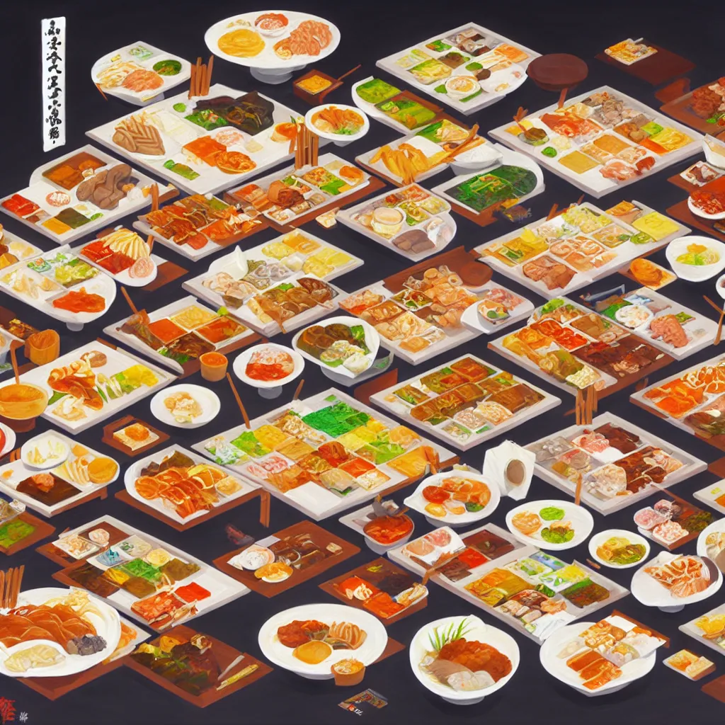 Image similar to a painting of a table full of japanese foods, concept art by taro yamamoto, pixiv contest winner, auto - destructive art, official art, concept art, pixiv