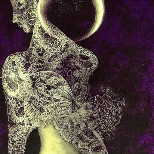 Image similar to looking at the full moon, transparent soul leaving the body, filigree, lace, art by loish, dave mckean