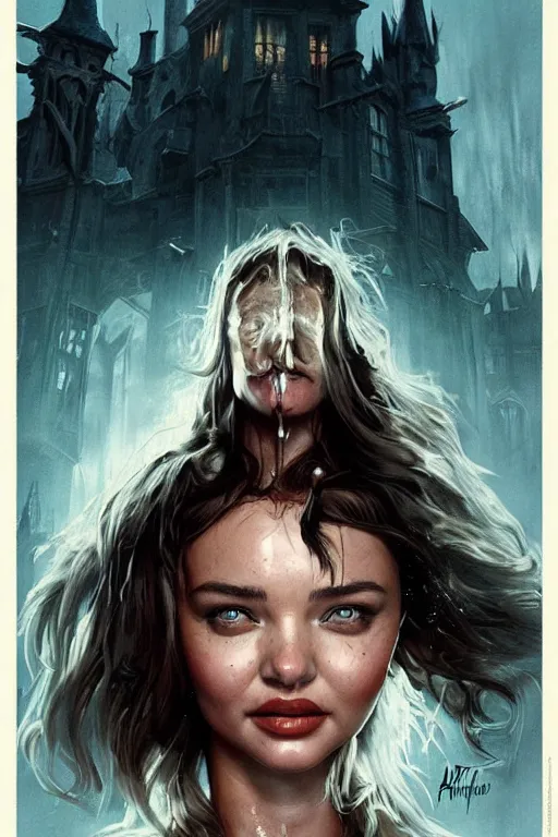 Image similar to movie poster of miranda kerr staring in a 1980 horror movie, haunted house themed, by artgerm and greg rutkowski