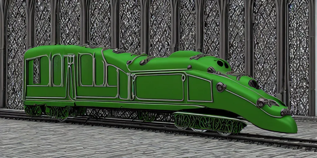 Image similar to streamline train that looks like gothic cathedral church, warhammer emperium style, gothic locomotive, conic locomotive shaped, arrow locomotive shape, armored streamline train,gothic shape patterns locomotive, train with gothic rose windows and arcades elements , hybrid between gothic and streamline style, gothic steel pattern train wheels, art Deco, retro, locomotive streamline lantern light green, octane render, diselpunk, steampunk