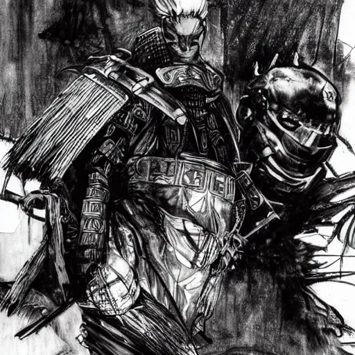 Prompt: a samurai, realistic drawing ink, tsutomu nihei, cover art