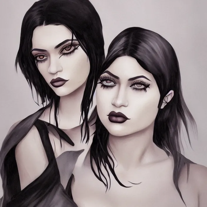 Image similar to gothic kylie jenner, portrait, hyperrealistic, emo, beautiful face, digital art, hd, concept art, by kara walker, by wlop