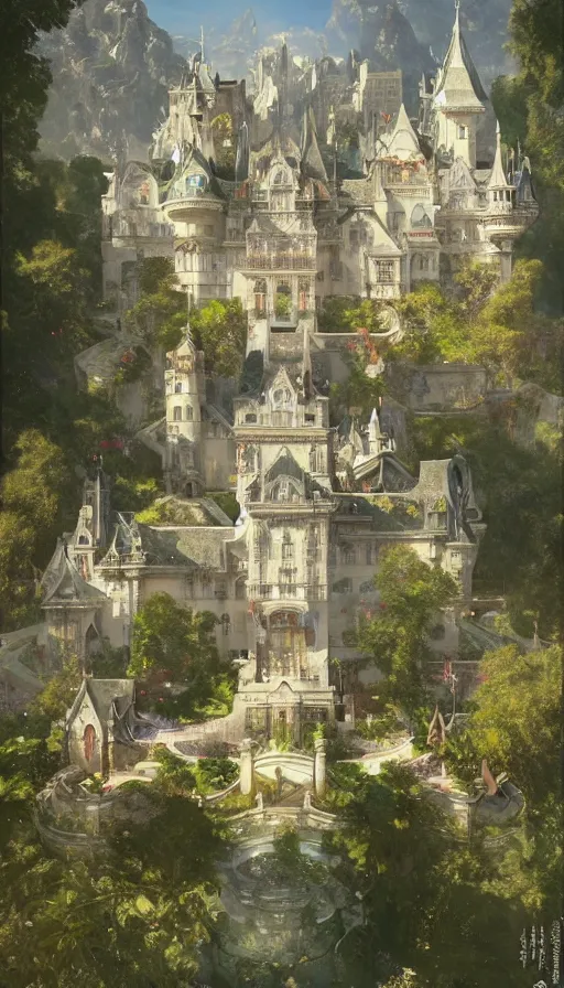 Image similar to castle seen from the sky, cyberpunk, design on white background, beautiful details, lush foliage, drawn by john singer sargent, tom bagshaw, norman rockwell, alphonso mucha, lolish, trending on artstation