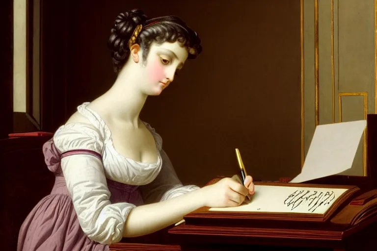 Prompt: 1 8 1 0 s lady writing at her desk by vittorio reggianini, georgian, dress, directoire style, regency, empire silhouette, bright lighting, perfectly detailed eyes, beautiful hands, pale skin, clear face