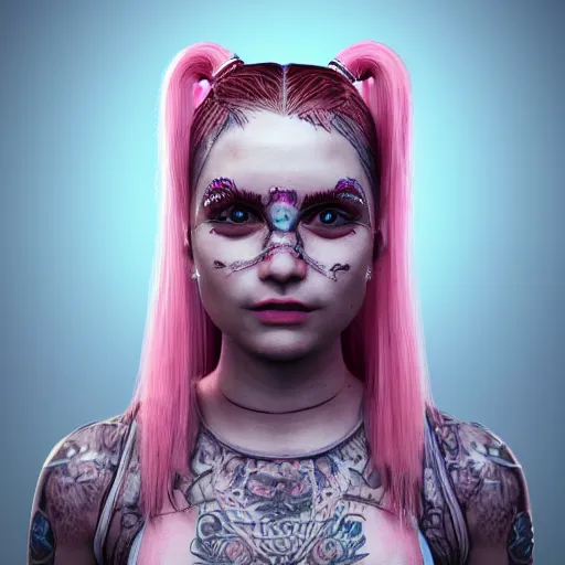 Image similar to An octane 3d render of a girl with pink pigtails, and face tattoos, 8d, HD, hyper detailed, intricate details, photorealistic, dynamic lighting, stunning visuals, creative, trending on art station,