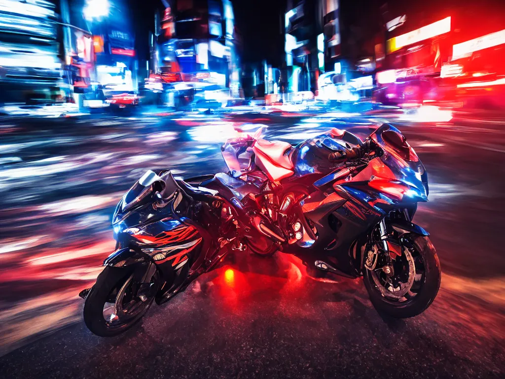 Prompt: a Photorealistic hyperdetailed hyper realistic dramatic moody Low angle night time close up render of biker speeding on a GSX R1000 in the middle of busy shibuya crossing Tokyo,multiple red and orange light trails by,Beautiful dramatic moody tones and lighting,cinematic atmosphere,photorealism,8K