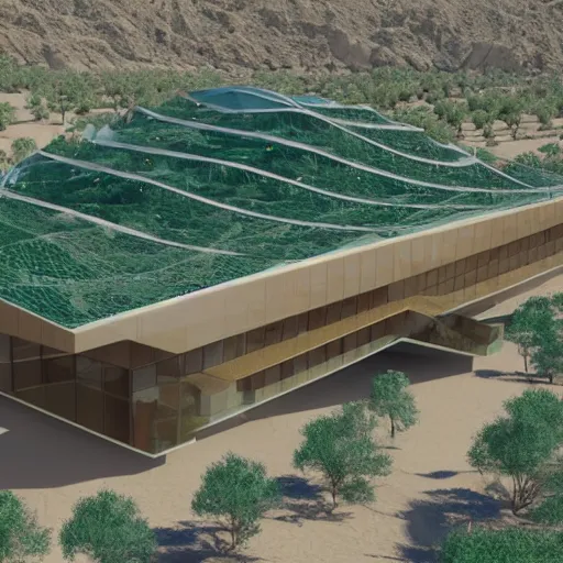 Prompt: architectural rendering, full size view of biophilia building in the desert, biomimetry