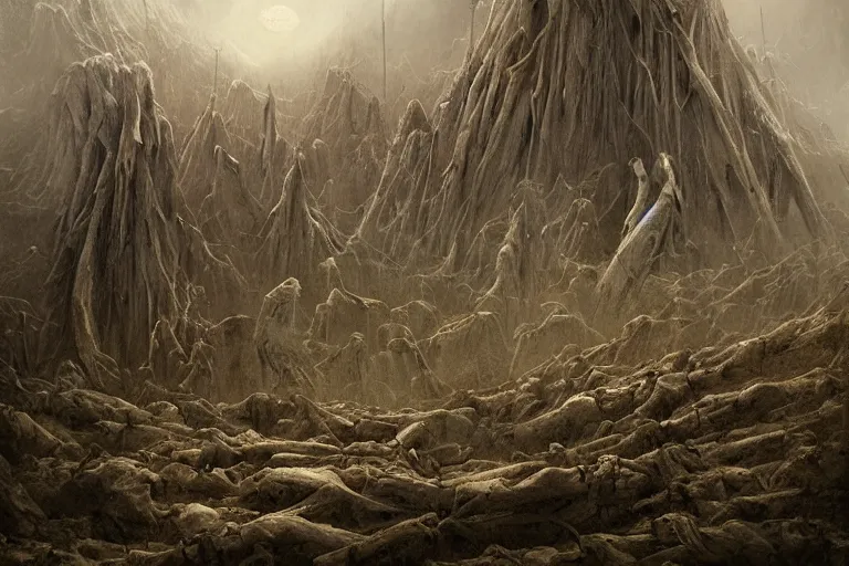 Image similar to amazing concept painting, by Jessica Rossier and HR giger and Beksinski, prophecy, hallucination, the middle of a valley; it was full of bones, bones that were very dry, there was a noise, a rattling sound, and the bones came together, bone to bone , I looked, and tendons and flesh appeared on them and skin covered them, but there was no breath in them and breath entered them, they came to life and stood up on their feet a vast army