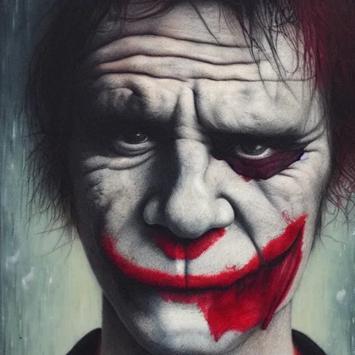 Prompt: portrait of an angry joker by Sean Yoro and Chie Yoshii, dark, moody, foggy, gloomy, high details, washed colors