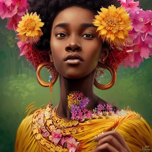 Prompt: ultra realistic illustration, beautiful swahili girl with flowers blossoming from her afro, wearing a kitenge, elegant, highly detailed, digital painting, concept art, smooth, sharp focus, illustration, art by artgerm and greg rutkowski 7 8 0