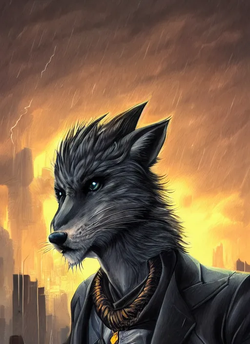 Image similar to aesthetic portrait commission of a of a male fully furry anthro ( animal ) with a tail and a beautiful attractive hyperdetailed face wearing wearing a outfit in a sci - fi dystopian city at golden hour while it storms in the background. character design by dayer, diego 5, detailed, inked, western comic book art, award winning film poster painting