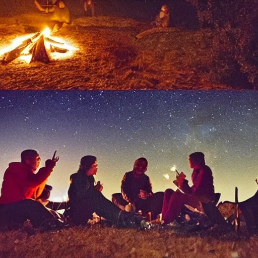 Prompt: A group of friends sit around a campfire, telling stories and laughing, the flames crackling and the stars shining bright overhead, as they enjoy each other's company on a clear night.