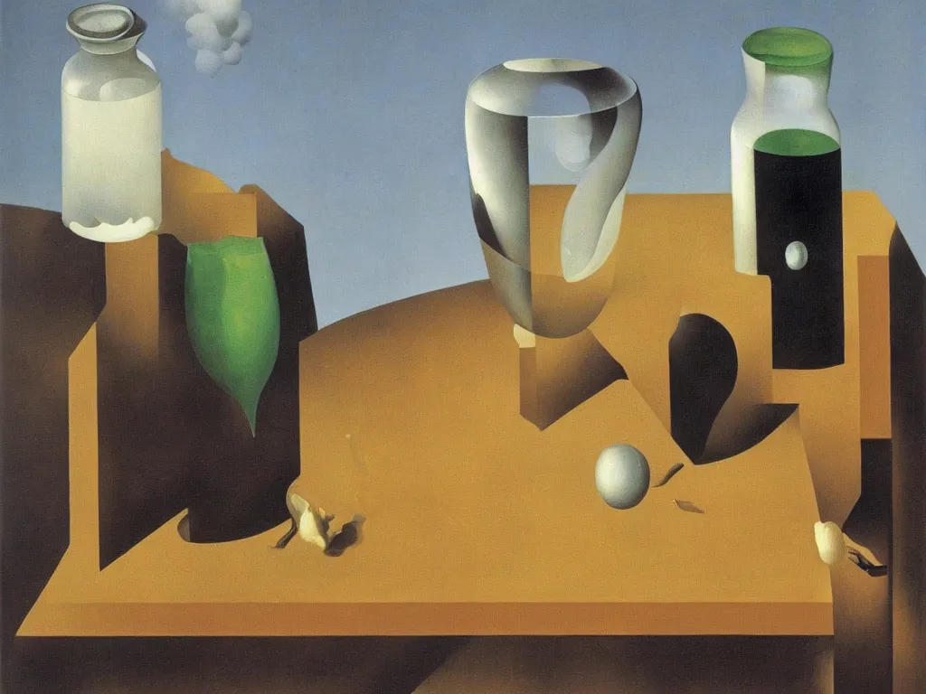 Prompt: obituary for an alchemist. glass. painting by rene magritte, salvador dali
