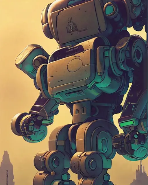 Image similar to bastion the friendly robot from overwatch, character portrait, portrait, close up, concept art, intricate details, highly detailed, vintage sci - fi poster, retro future, in the style of chris foss, rodger dean, moebius, michael whelan, and gustave dore