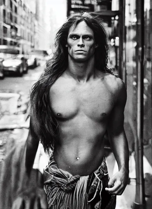 Prompt: portrait of tarzan walk on the street of new york, by charlotte grimm, natural light, detailed face, beautiful features, symmetrical, canon eos c 3 0 0, ƒ 1. 8, 3 5 mm, 8 k, medium - format print, half body shot