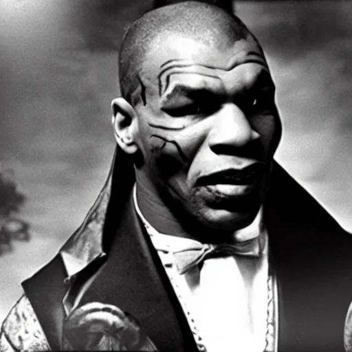 Prompt: mike tyson as dracula in the 1 9 2 2 film, black and white