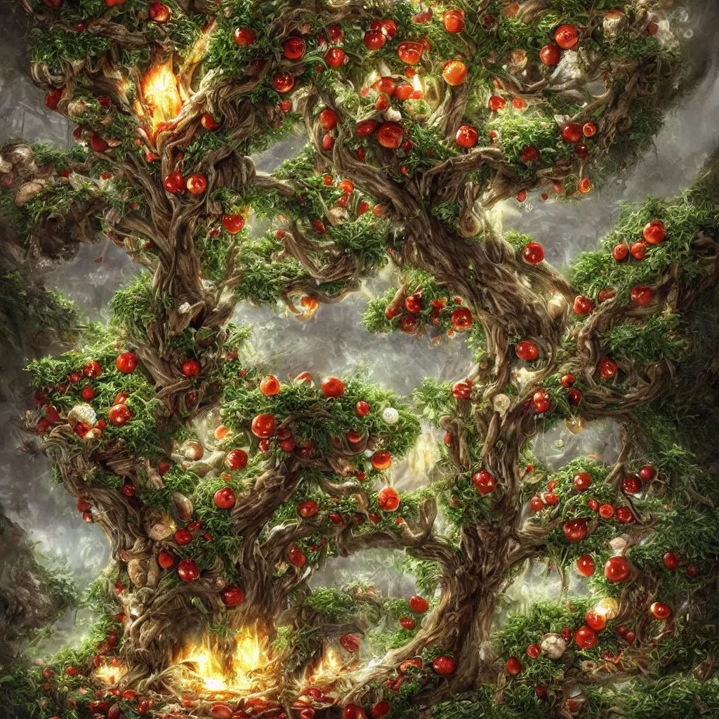 Prompt: fantasy tree with mozzarella decorations, tomatoes and basil growing on the branches, twisted trunk, extremely detailed, lots of mozzarella balls, mozzarella everywhere, plenty mozzarella, a fire burning in pizza oven in background, masterpiece, deviantart, by aleksi briclot