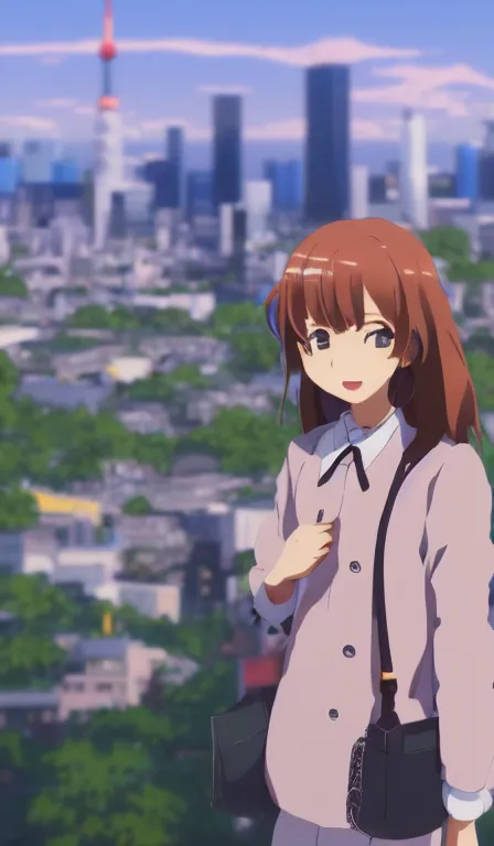 Prompt: anime fine details portrait of a school girl in front of modern tokyo city landscape on the background deep bokeh, close-up view, anime masterpiece by Makoto Shinkai, 8k, sharp high quality anime, artstation