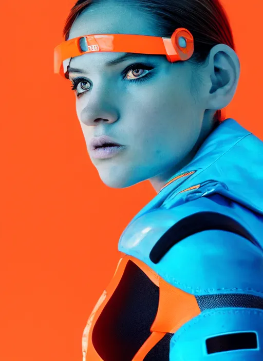 Prompt: symmetry, closeup portrait of a racer girl, cyborg, jumpsuit, in clouds, cinematic light, windy, cyan, orange, by gerald brown, by mikhail