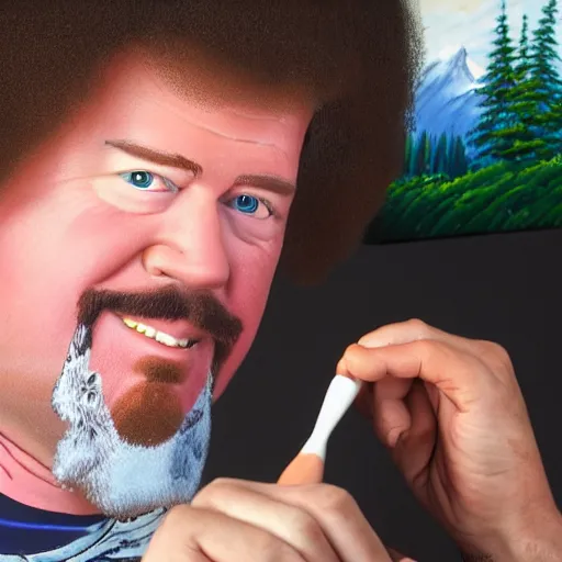 Image similar to a closeup photorealistic photograph of bob ross working on an image of kenny powers autographing a baseball on a canvas. mountains and trees. film still. brightly lit scene. this 4 k hd image is trending on artstation, featured on behance, well - rendered, extra crisp, features intricate detail, epic composition and the style of unreal engine.