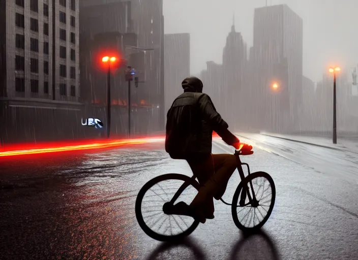 Image similar to uber eats delivery driver on a bicycle, mega details, greg rutkowski, orange lights, heavy rain, fog, beautiful rtx reflections, photorealistic, unreal engine 5, octane render, volumetric light, cg society, 4 k, bokeh, artstation