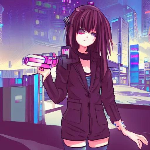 Image similar to cute anime girl in a cyberpunk city. edgy. cringe. trending on deviantart. fanart. ship. low quality. mspaint. oc.