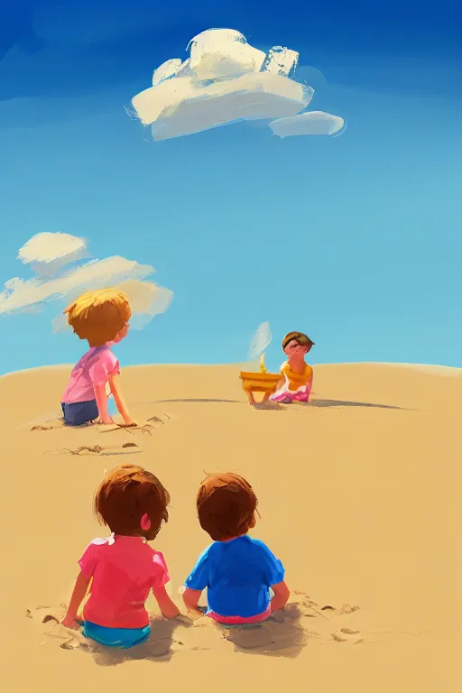 Prompt: Two children sitting on the sand, making sandcastles, blue sky, digital painting, artstation, concept art, smooth, sharp focus, behance, HD, by Benji Davies