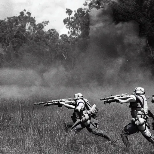 Image similar to star wars clone troopers combat soldiers in vietnam, photo, old picture, lush landscape, jungle, firearms, explosions, helicopters, aerial combat, active battle zone, flamethrower, air support, jedi, land mines, gunfire, violent, star destroyers, star wars lasers, sci - fi, jetpacks, agent orange, bomber planes, smoke, trench warfare