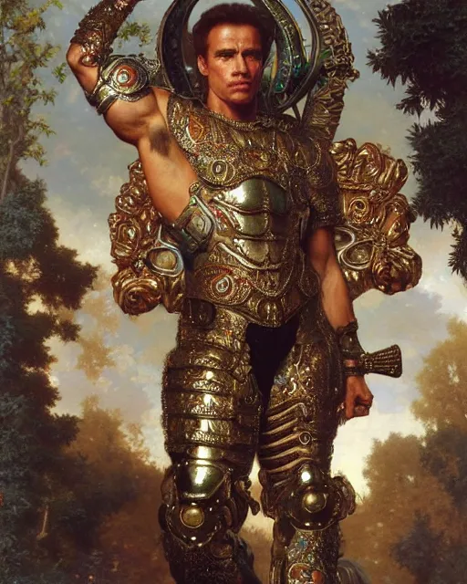 Image similar to a arnold schwarzenegger, dressed in ornate, detailed, intricate iridescent opal armor, detailed oil painting by william adolphe bouguereau and donato giancola