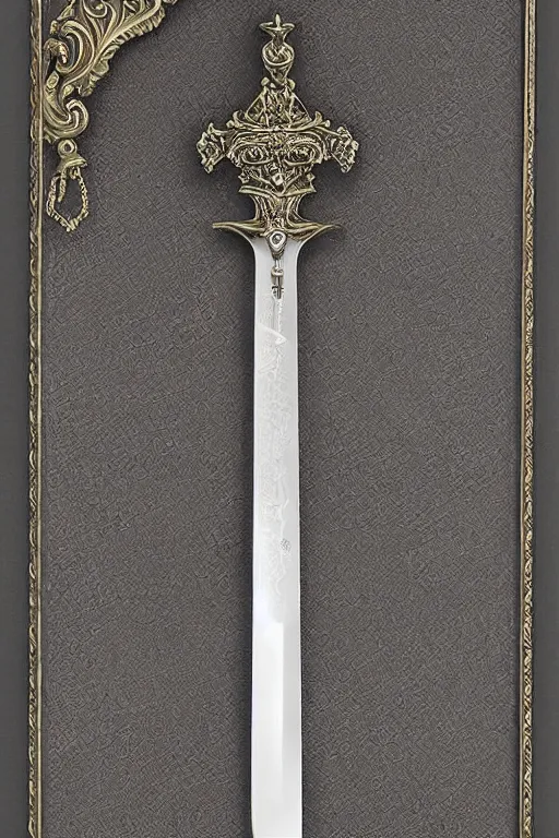 Image similar to sword of justice hanging on a wall, ornate gem in pommel, engraved blade