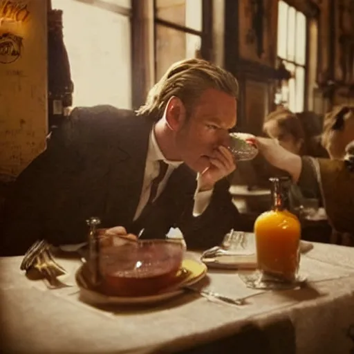 Image similar to ewan mcgregor is sitting at table in a cafe at paris in early 2 0 th century. next to him is a brown cat licking milk from little saucer, atmospheric feeling, warm colours, brown colours, yellow colours, epic scene, cinematic, very detailed