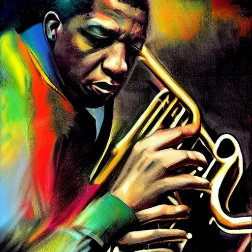 Prompt: sharp, blurry, colorful, gray scales concept art realistic photo of jazz player john coltrane