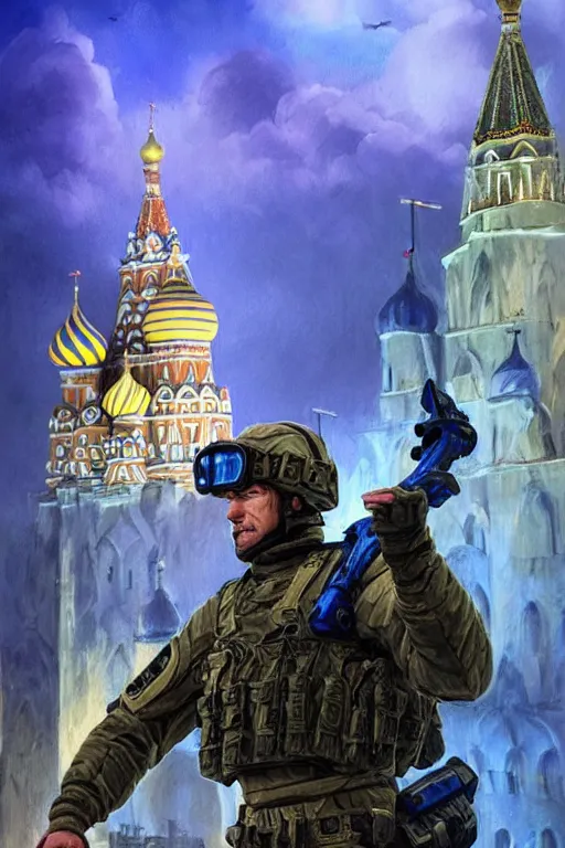 Image similar to special forces soldier raising ukrainian blue and yellow flag, kremlin st. basil cathedral in the background, masculine figure, d & d, fantasy, bright atmosphere, volumetric lights, intricate, elegant, extremely detailed, digital painting, artstation, concept art, matte, smooth, sharp focus, hyper realistic, illustration, art by artgerm and greg rutkowski and alphonse mucha