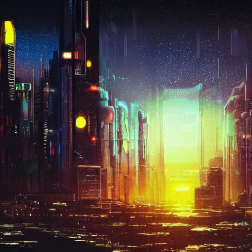 Image similar to cyberpunk dystopian city during a sunset in the style of starry night