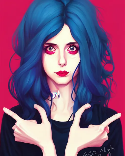 Image similar to loish, artgerm, Joshua Middleton art, pretty female Alison Brie serial killer holding bloody knife in right hand five fingers, blood on clothes and face, sarcastic smile, symmetrical eyes, symmetrical face, full body, jean jacket, jeans, short blonde hair, middle shot, night time, deep blacks