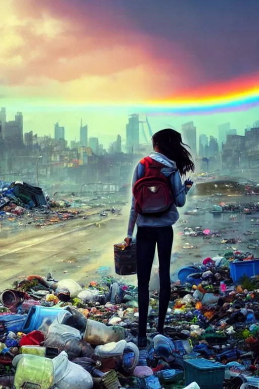 Image similar to beauty teenage girl in short with backpack looking at food at garbage dump, destroyed cars, city is pure wasteland, moody sunset background, rays of sunlights, ( ( ( rainy day, rainbow ) ) ), high details, sharp, photorealism, cinematic, greg rutkowski, alphonse mucha, trending on artstation, artgerm, unreal engine, highly detailed