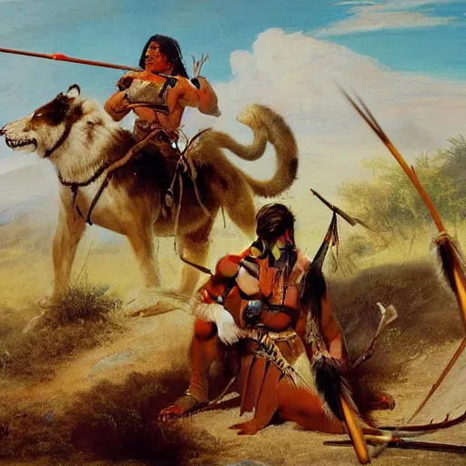 Image similar to native american man hunting sabertooth tiger on great plains with bow and arrow, painting by emanuel leutze and emanuel leutze and emanuel leutze and emanuel leutze and emanuel leutze