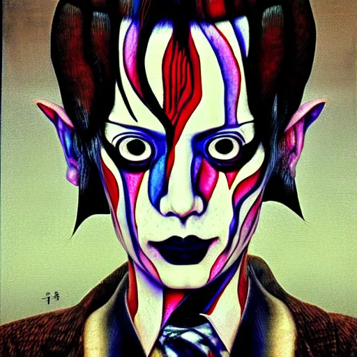 Image similar to yoshitaka amano blurred and dreamy realistic three quarter angle portrait of a aladdin sane with black lipstick and black eyes wearing dress suit with tie, junji ito abstract patterns in the background, satoshi kon anime, noisy film grain effect, highly detailed, renaissance oil painting, weird portrait angle, blurred lost edges