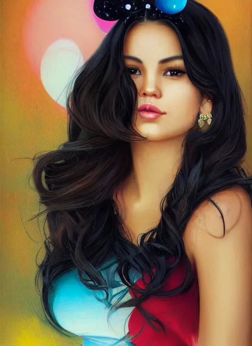 Prompt: beautiful thirty year old woman with long black hair, tan skin, curvy hourglass figure, round cute face, slight resemblance to selena gomez and vanessa hudgens wearing colorful modern clothes and a mickey mouse ears headband. birthday party. beautiful painting by artgerm and greg rutkowski lois van baarle and bouguereau