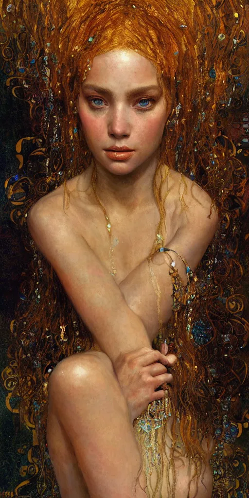 Image similar to an intricate portrait painting of an artistic pose young beautiful mermaid, klimt golden motives and textures, hyper - detailed, octane render, vivid colors, artstation, by jeremy mann, by gustav klimt